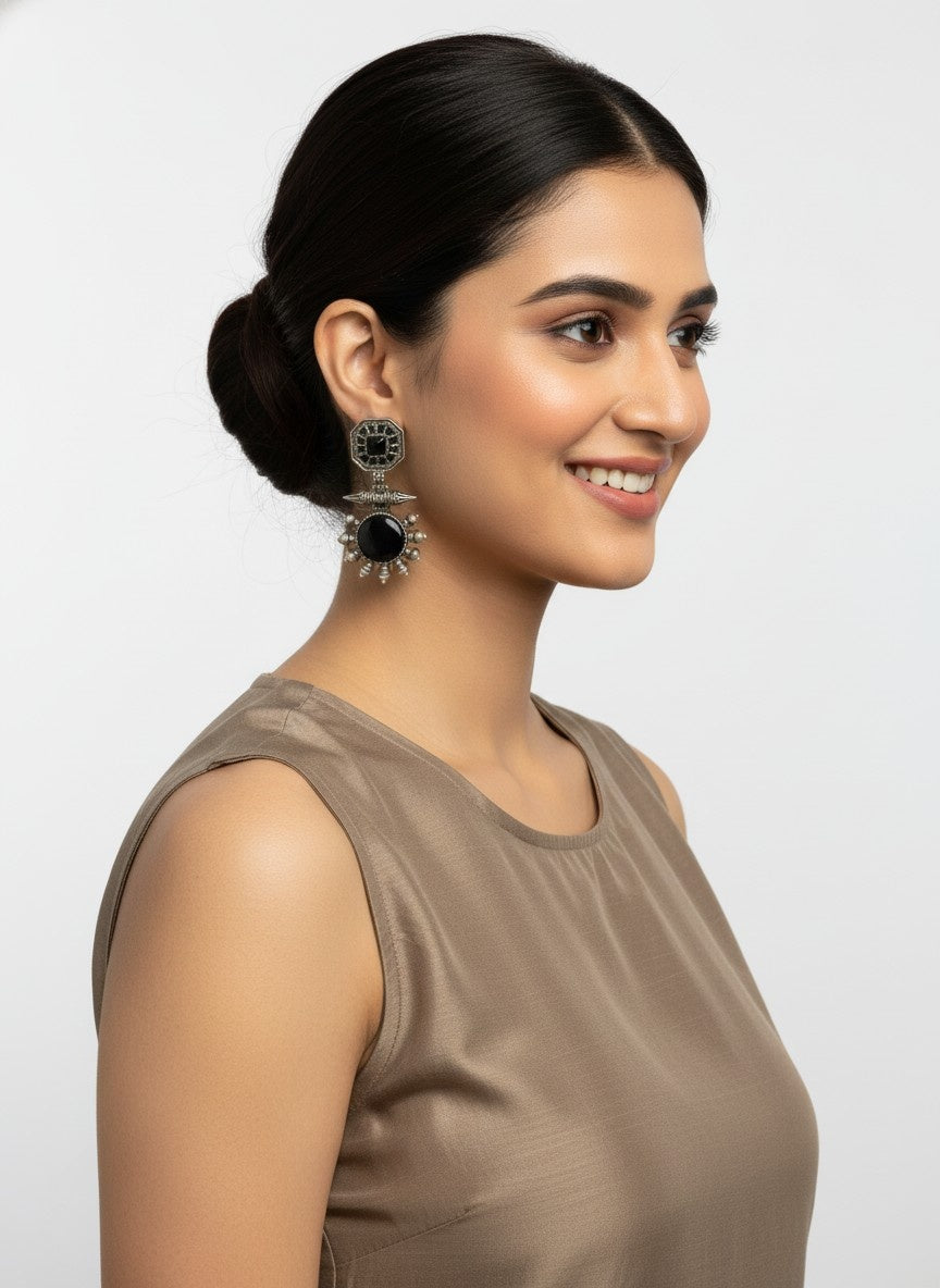 Silver Oxidized Drop Earrings with Monalisa Stone & Pearls