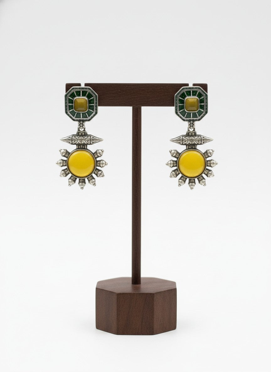 Silver Oxidized Drop Earrings with Monalisa Stone & Pearls