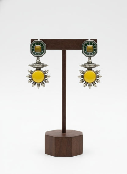 Silver Oxidized Drop Earrings with Monalisa Stone & Pearls