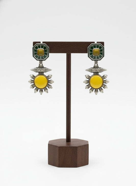 Silver Oxidized Drop Earrings with Monalisa Stone & Pearls