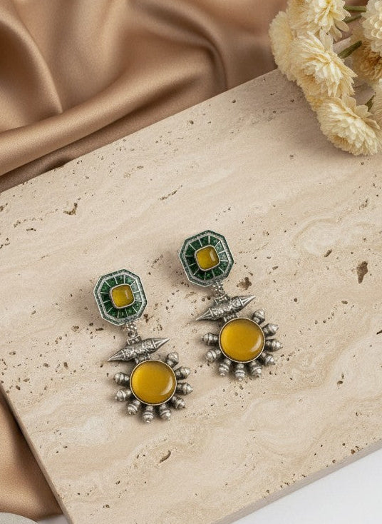 Silver Oxidized Drop Earrings with Monalisa Stone & Pearls