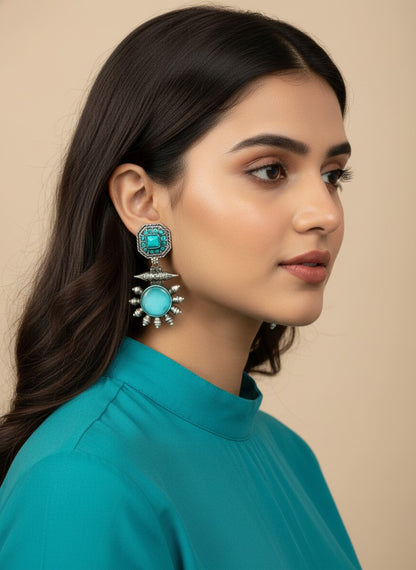 Silver Oxidized Drop Earrings with Monalisa Stone & Pearls for Women - All Occasion Wear