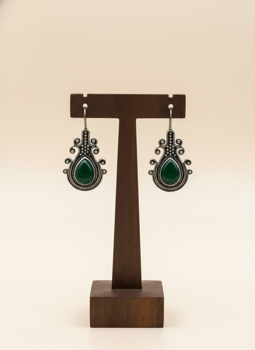 Silver Oxidized Monalisa Stone Hook Earrings for Women