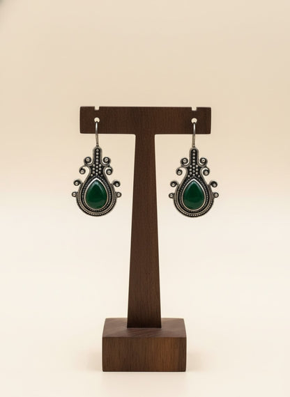 Silver Oxidized Monalisa Stone Hook Earrings for Women