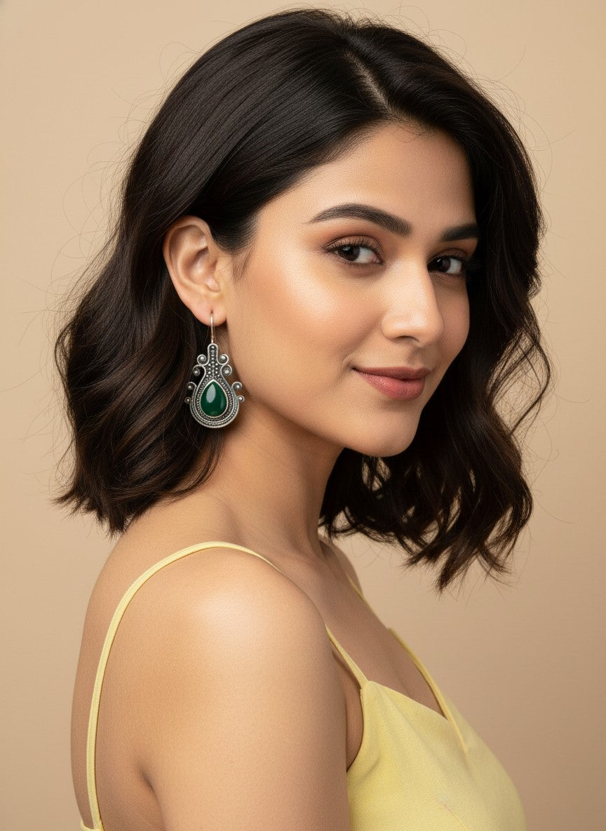 Silver Oxidized Monalisa Stone Hook Earrings for Women