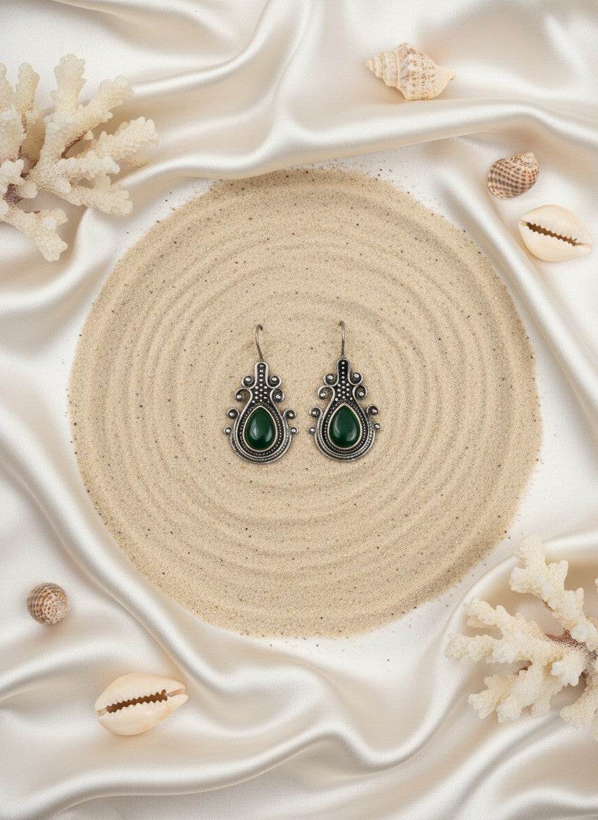 Silver Oxidized Monalisa Stone Hook Earrings for Women