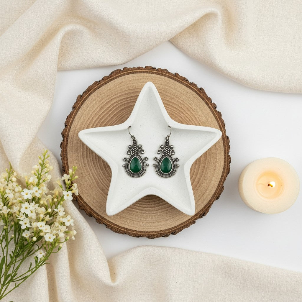 Silver Oxidized Monalisa Stone Hook Earrings for Women