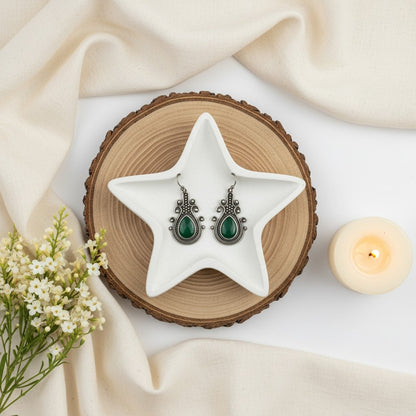 Silver Oxidized Monalisa Stone Hook Earrings for Women