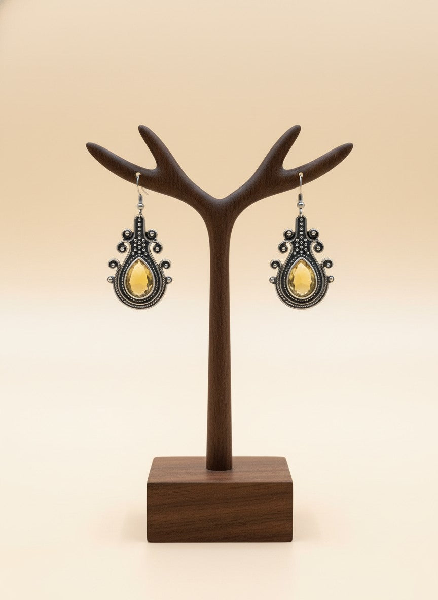 Silver Oxidized Monalisa Stone Hook Earrings for Women