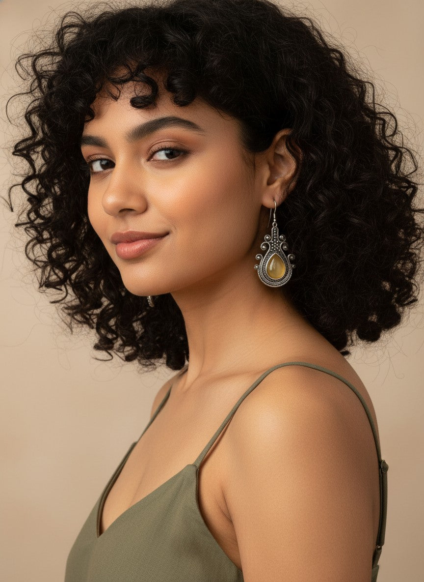 Silver Oxidized Monalisa Stone Hook Earrings for Women