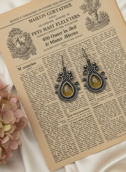 Silver Oxidized Monalisa Stone Hook Earrings for Women