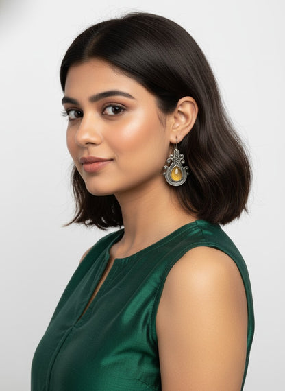 Silver Oxidized Monalisa Stone Hook Earrings for Women