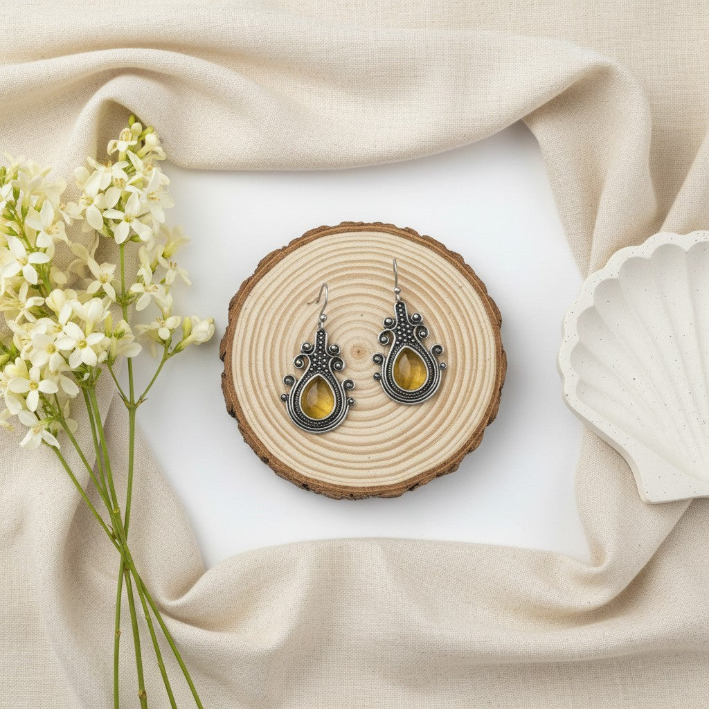 Silver Oxidized Monalisa Stone Hook Earrings for Women