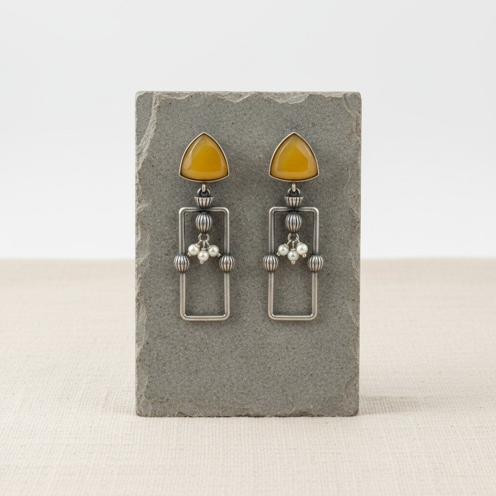 Statement Silver Oxidized Geometric Dangler Earrings with Monalisa stones and pearls