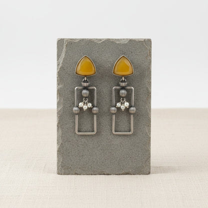 Statement Silver Oxidized Geometric Dangler Earrings with Monalisa stones and pearls