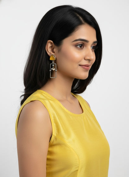 Statement Silver Oxidized Geometric Dangler Earrings with Monalisa stones and pearls