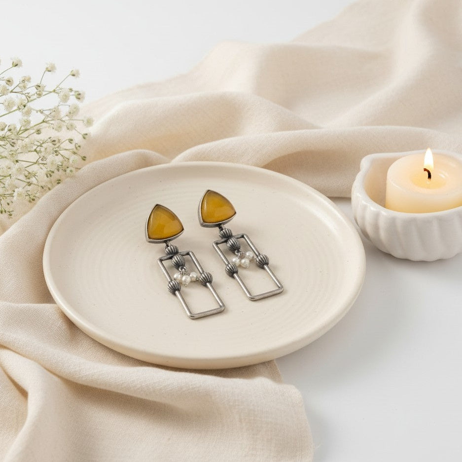 Statement Silver Oxidized Geometric Dangler Earrings with Monalisa stones and pearls