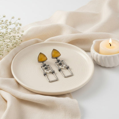 Statement Silver Oxidized Geometric Dangler Earrings with Monalisa stones and pearls