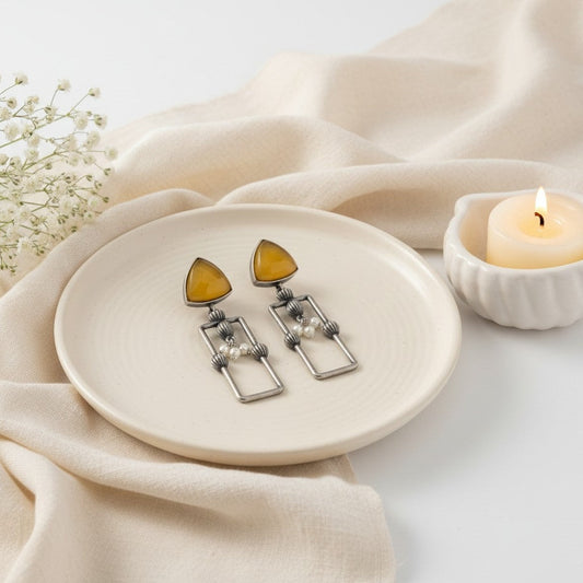 Statement Silver Oxidized Geometric Dangler Earrings with Monalisa stones and pearls