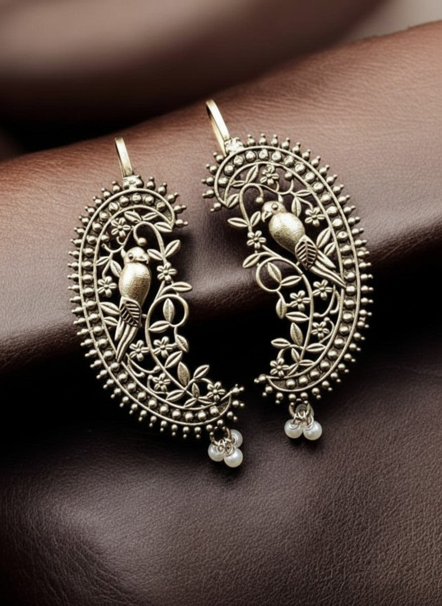 Vintage Bird Motif Silver Oxidized Earcuff Earrings with Pearl Drops for Women - Special Occasions
