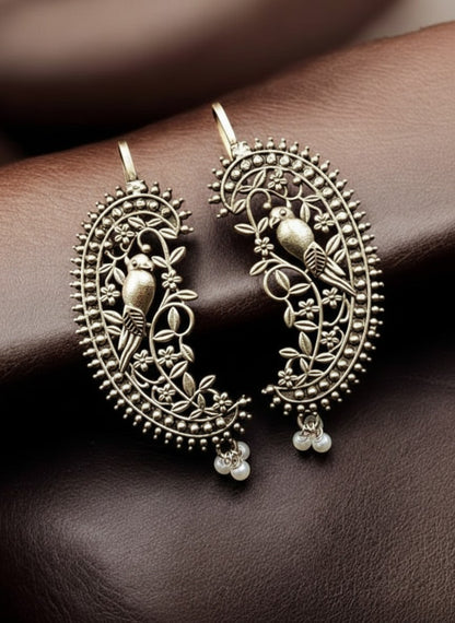 Vintage Bird Motif Silver Oxidized Earcuff Earrings with Pearl Drops for Women - Special Occasions