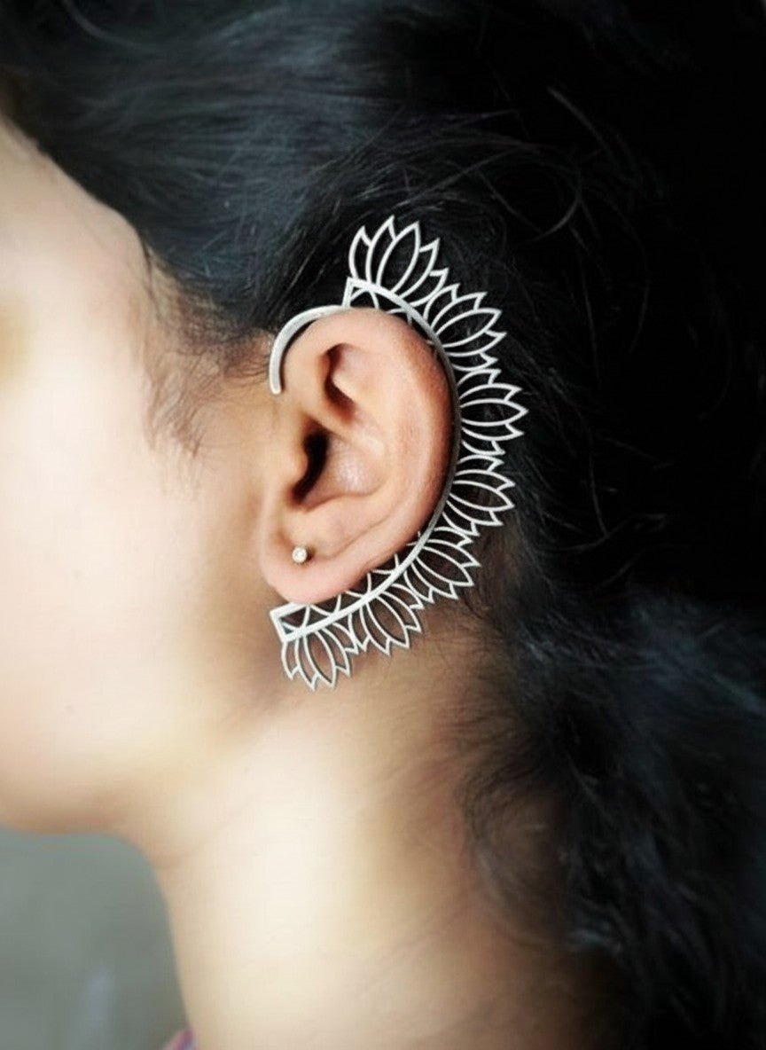 Lotus Radiance Silver Oxidized Earcuff -Non-Pierced Statement Ear Wrap for Women - Casual Wear