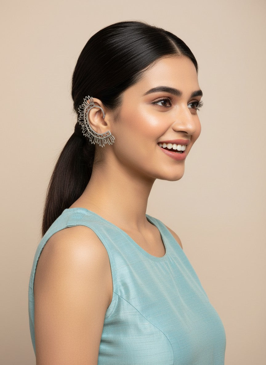 Lotus Radiance Silver Oxidized Earcuff -Non-Pierced Statement Ear Wrap for Women - Casual Wear