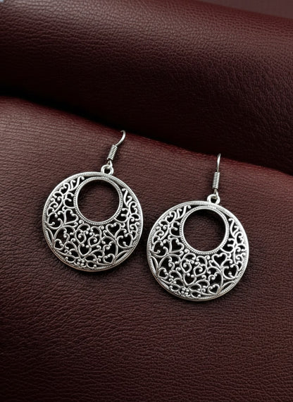 Silver Oxidized Filigree Circle Drop Hook Earrings for Women - All Occasions
