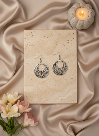 Silver Oxidized Filigree Circle Drop Hook Earrings for Women - All Occasions