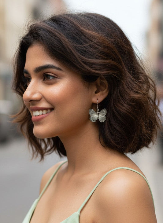 Silver Oxidized Butterfly Drop Hook Earrings for Women - Casual Wear