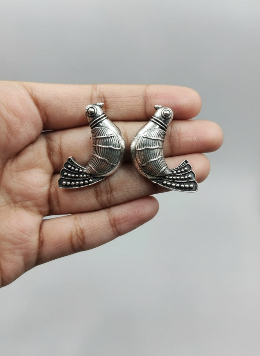 Silver Oxidized Bird Motif Statement Stud Earrings for Women - All Occasions