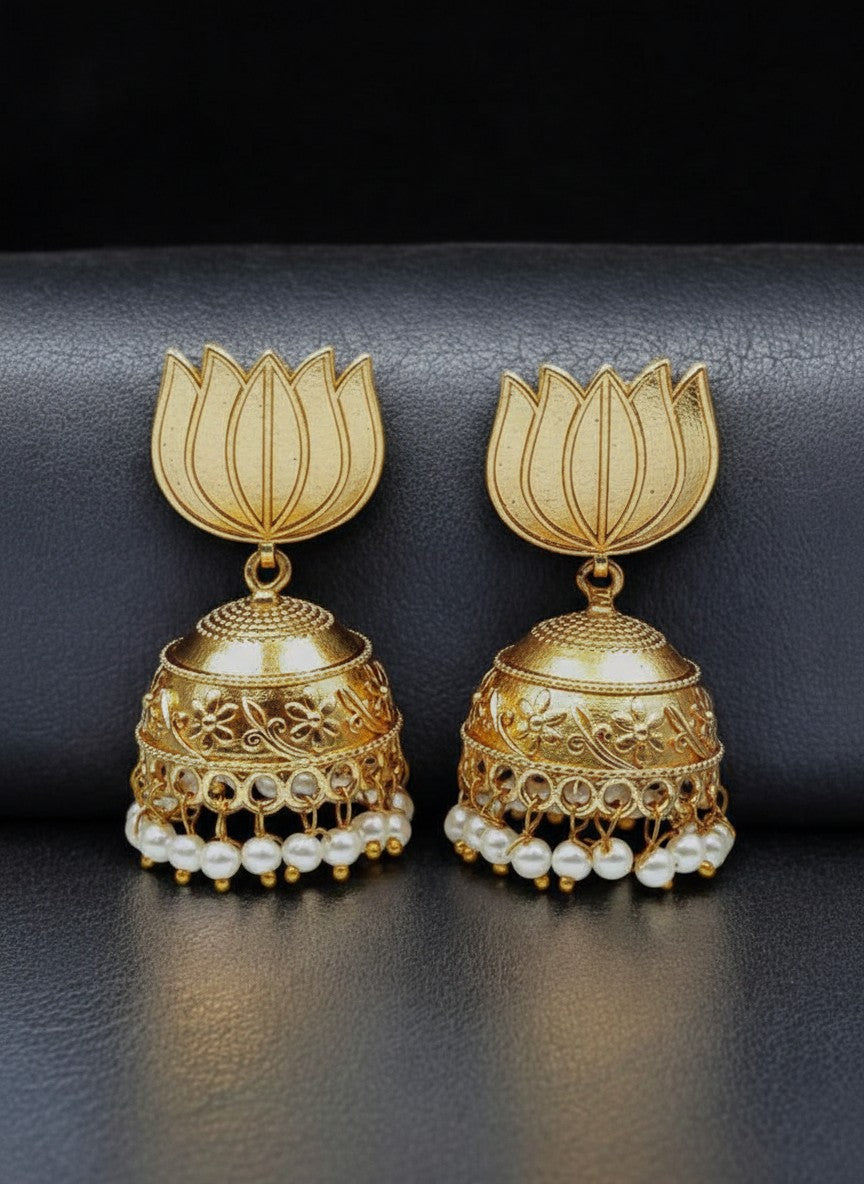 Lotus Bloom Gold Tone Jhumka Earrings with Pearl Drops for Women - Special Occasions