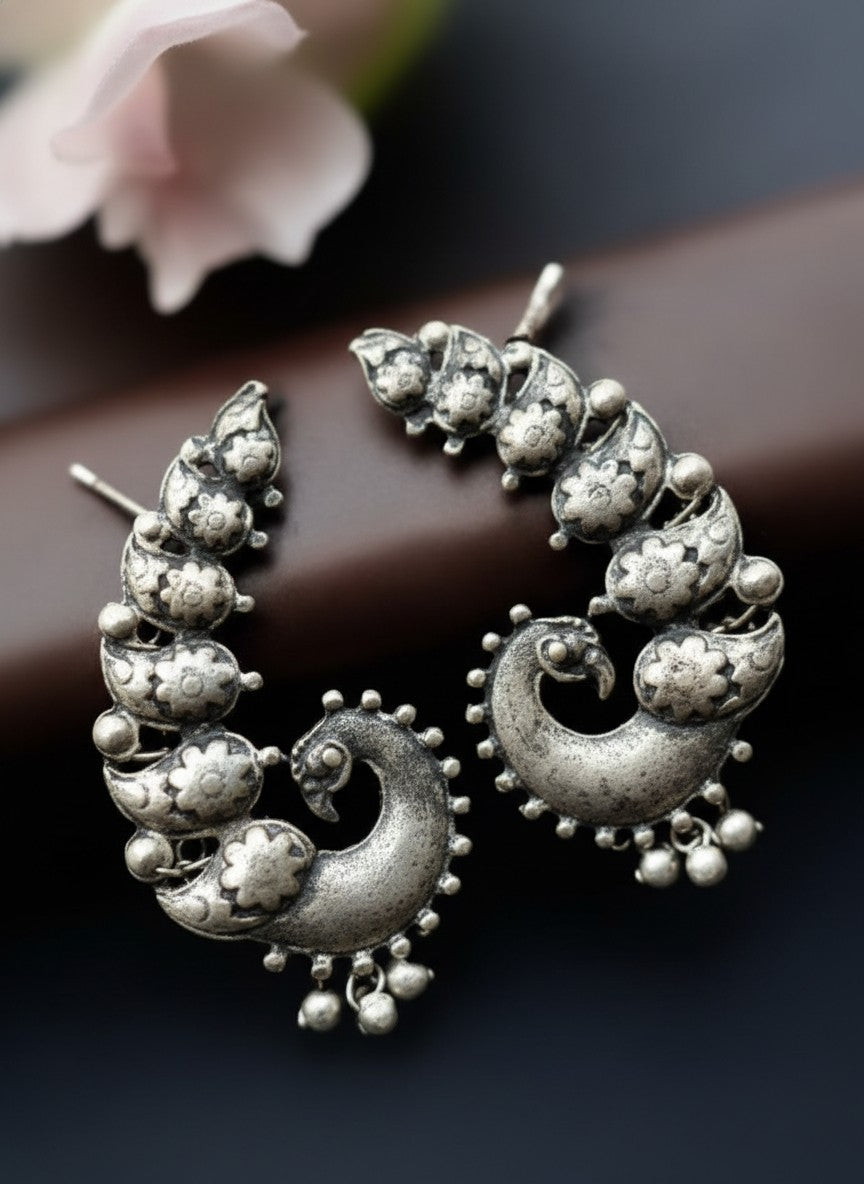 Peacock Motif Silver Oxidized Earcuff Earrings for Women - Special Occasions