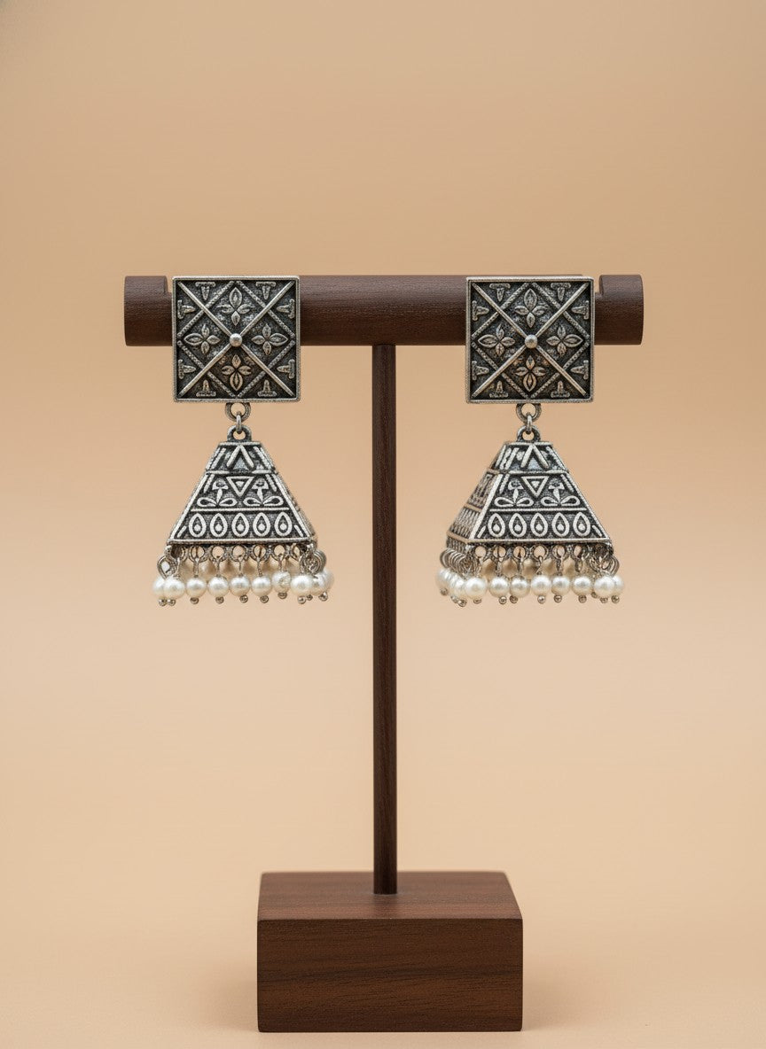 Silver Oxidized Square Stud Jhumka Drop Earrings for Women - All Occasions