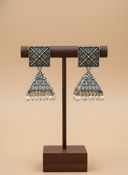 Silver Oxidized Square Stud Jhumka Drop Earrings for Women - All Occasions