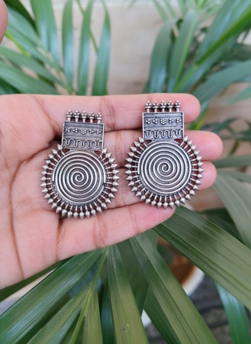 Silver Oxidized Tribal Spiral Statement Stud Earrings for Women - Daily Wear