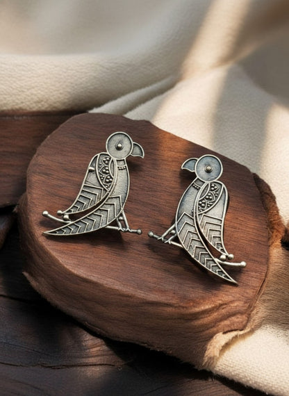 Silver Oxidized Tribal Bird Art Statement Earrings for Women - All occasions