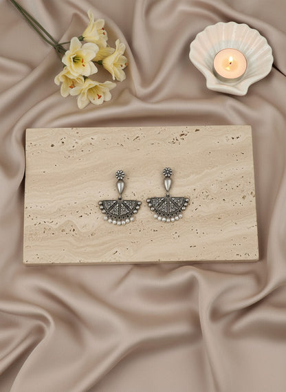 Silver Oxidized Floral Fan Earrings with Pearl Drops for Women - All Occasions