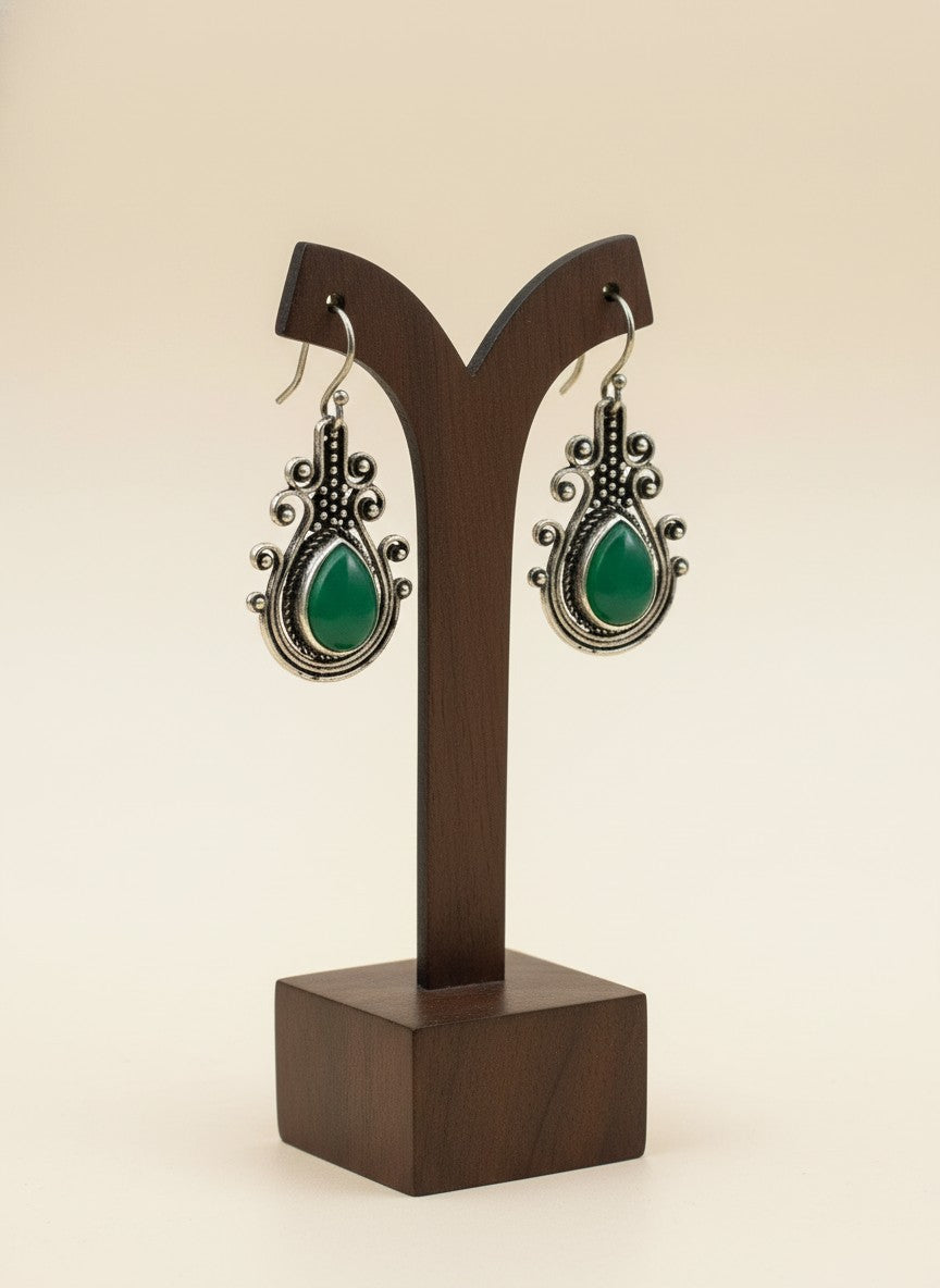 Silver Oxidized Monalisa Green Stone Hook Earrings for Women - Daily Casual Wear
