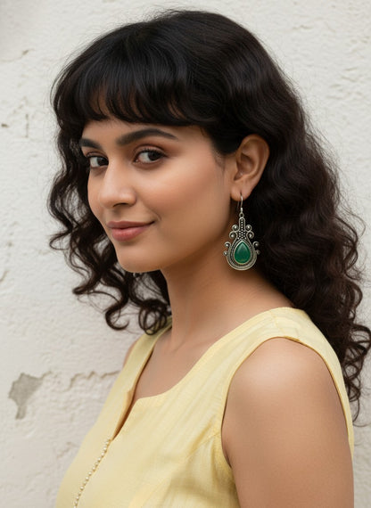 Silver Oxidized Monalisa Green Stone Hook Earrings for Women - Daily Casual Wear