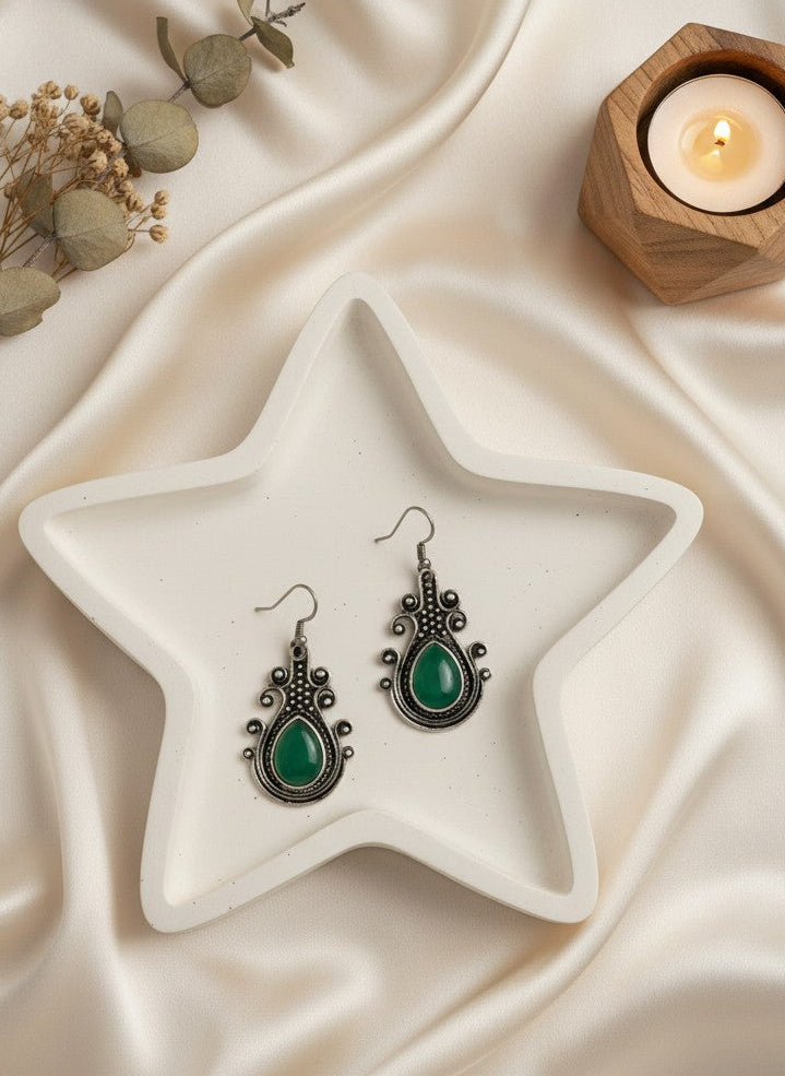 Silver Oxidized Monalisa Green Stone Hook Earrings for Women - Daily Casual Wear