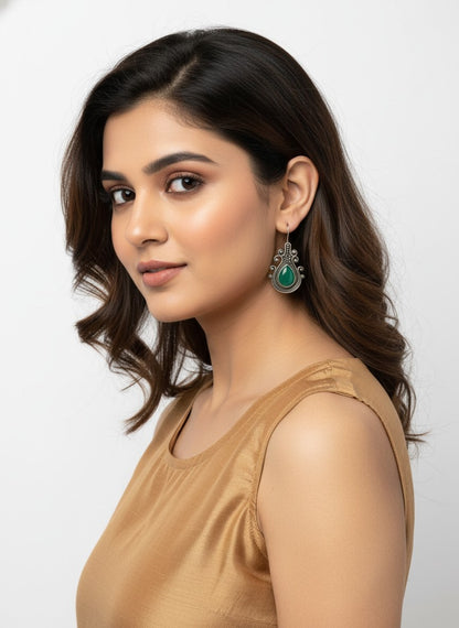 Silver Oxidized Monalisa Green Stone Hook Earrings for Women - Daily Casual Wear