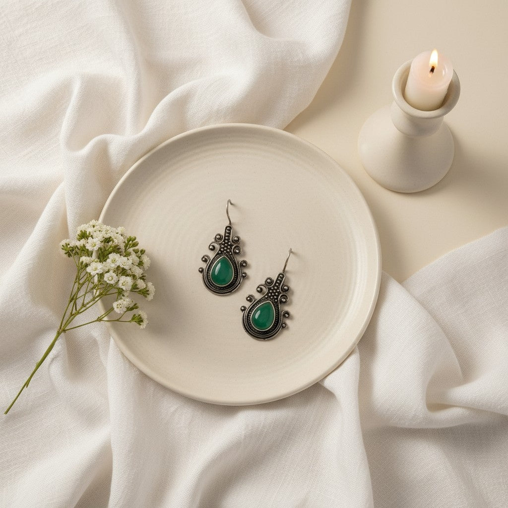 Silver Oxidized Monalisa Green Stone Hook Earrings for Women - Daily Casual Wear