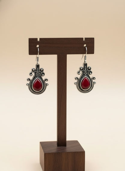 Silver Oxidized Monalisa Stone Hook Earrings for Women