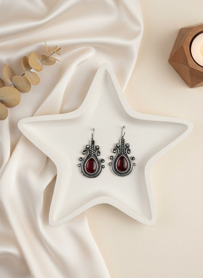 Silver Oxidized Monalisa Stone Hook Earrings for Women