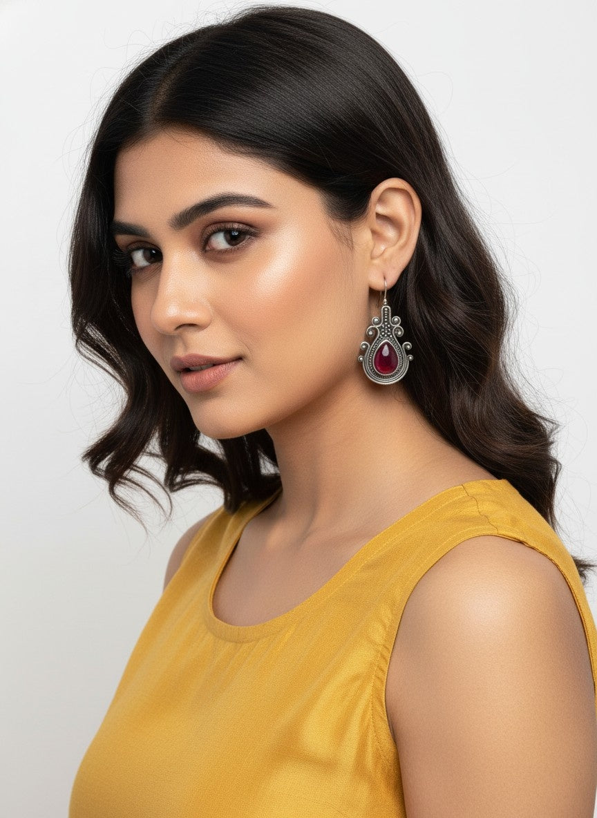 Silver Oxidized Monalisa Stone Hook Earrings for Women