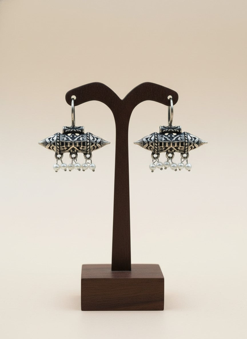 Silver Oxidized Pearl Hook Earrings for Women