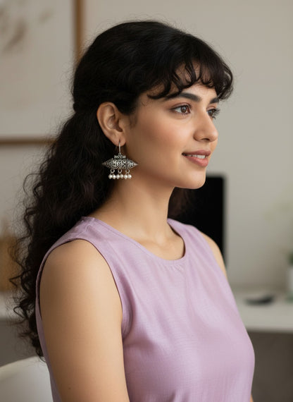 Silver Oxidized Pearl Hook Earrings for Women