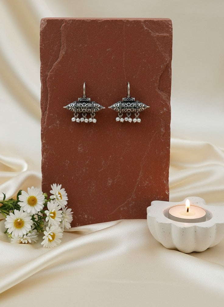 Silver Oxidized Pearl Hook Earrings for Women