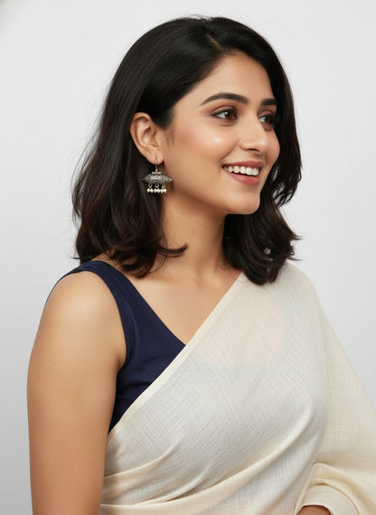Silver Oxidized Pearl Hook Earrings for Women